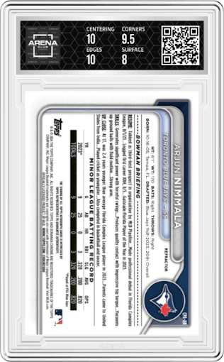 Arjun Nimmala from the 2024 Bowman set featuring a Refractor parallel graded by Arena Club and given an overall grade of 8.5.
