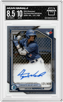 Arjun Nimmala from the 2024 Bowman set featuring a Refractor parallel and given an overall grade of 8.5.