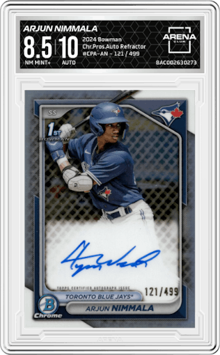 Arjun Nimmala from the 2024 Bowman set featuring a Refractor parallel graded by Arena Club and given an overall grade of 8.5.