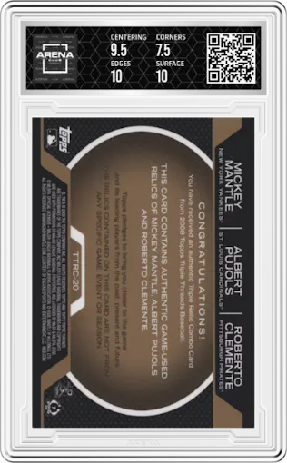 Mickey Mantle/Albert Pujols/Roberto Clemente from the 2008 Topps Triple Threads set featuring a Sepia parallel graded by Arena Club and given an overall grade of 8.