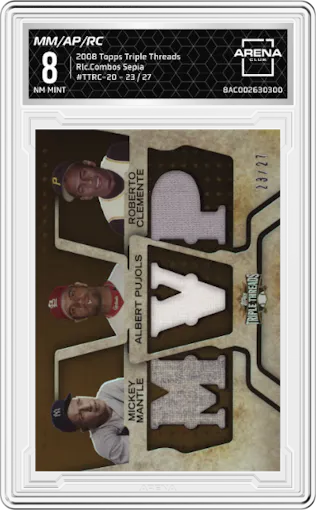 Mickey Mantle/Albert Pujols/Roberto Clemente from the 2008 Topps Triple Threads set featuring a Sepia parallel graded by Arena Club and given an overall grade of 8.