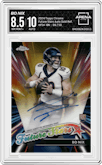 Bo Nix from the 2024 Topps Chrome set featuring a Gold Refractor parallel graded by Arena Club and given an overall grade of 8.5.