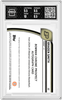 Braden Smith from the 2024-25 Bowman University Chrome set featuring a Black and White Stealth Refractor parallel graded by Arena Club and given an overall grade of 9.