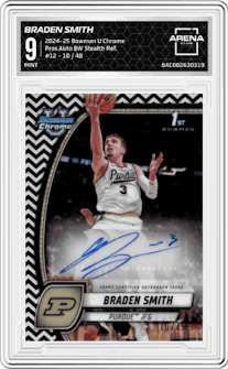 Braden Smith from the 2024-25 Bowman University Chrome set featuring a Black and White Stealth Refractor parallel graded by Arena Club and given an overall grade of 9.