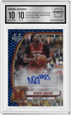 Derik Queen from the 2024-25 Bowman University Chrome set featuring a Black and Blue Stealth Refractor parallel graded by Arena Club and given an overall grade of 10.