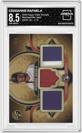 Ceddanne Rafaela from the 2024 Topps Triple Threads set featuring a Gold parallel graded by Arena Club and given an overall grade of 8.5.