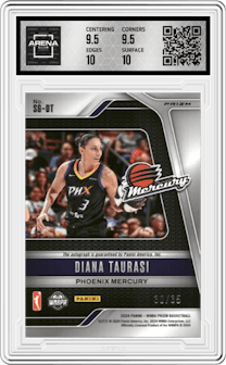 Diana Taurasi from the 2024 Panini Prizm WNBA set featuring a Teal parallel and given an overall grade of 10.