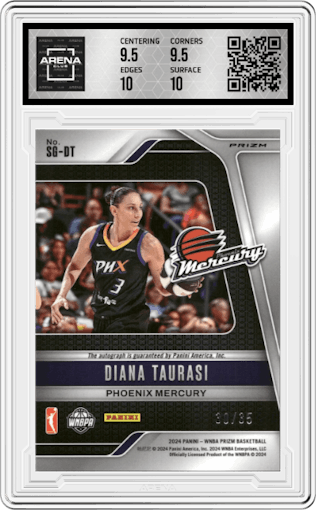 Diana Taurasi from the 2024 Panini Prizm WNBA set featuring a Teal parallel graded by Arena Club and given an overall grade of 10.