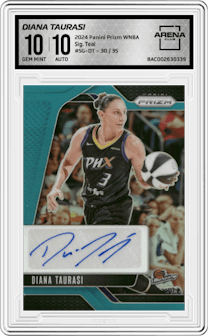 Diana Taurasi from the 2024 Panini Prizm WNBA set featuring a Teal parallel and given an overall grade of 10.