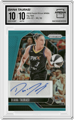 Diana Taurasi from the 2024 Panini Prizm WNBA set featuring a Teal parallel graded by Arena Club and given an overall grade of 10.