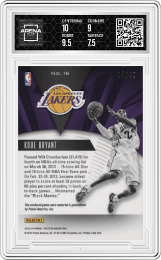 Kobe Bryant from the 2013-14 Panini Spectra set graded by Arena Club and given an overall grade of 8.