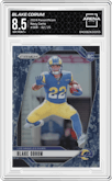 Blake Corum from the 2024 Panini Prizm set featuring a Navy Camo parallel graded by Arena Club and given an overall grade of 8.5.