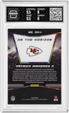 Patrick Mahomes II from the 2020 Panini On the Horizon Multi-Sport Panini Rewards set graded by Arena Club and given an overall grade of 8.5.