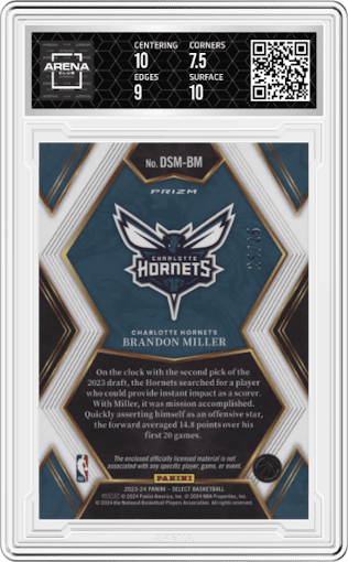 Brandon Miller from the 2023-24 Panini Select  set featuring a Tie-Dye parallel graded by Arena Club and given an overall grade of 8.