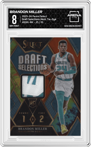 Brandon Miller from the 2023-24 Panini Select  set featuring a Tie-Dye parallel graded by Arena Club and given an overall grade of 8.