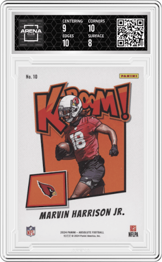 Marvin Harrison Jr. from the 2024 Panini Absolute set graded by Arena Club and given an overall grade of 8.5.