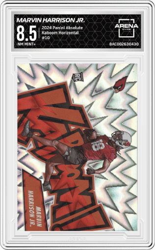 Marvin Harrison Jr. from the 2024 Panini Absolute set graded by Arena Club and given an overall grade of 8.5.