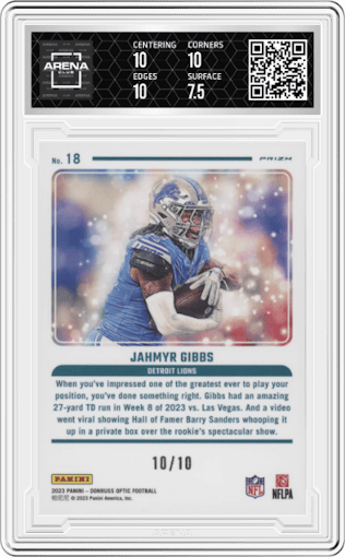 Jahmyr Gibbs from the 2023 Donruss Optic set featuring a Gold  parallel graded by Arena Club and given an overall grade of 8.