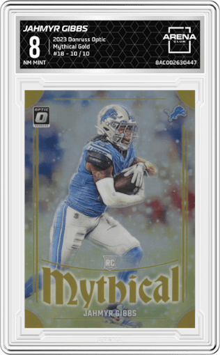 Jahmyr Gibbs from the 2023 Donruss Optic set featuring a Gold  parallel graded by Arena Club and given an overall grade of 8.