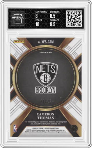 Cameron Thomas from the 2023-24 Panini Select  set featuring a Tie-Dye parallel graded by Arena Club and given an overall grade of 8.5.