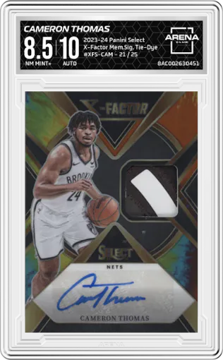 Cameron Thomas from the 2023-24 Panini Select  set featuring a Tie-Dye parallel graded by Arena Club and given an overall grade of 8.5.