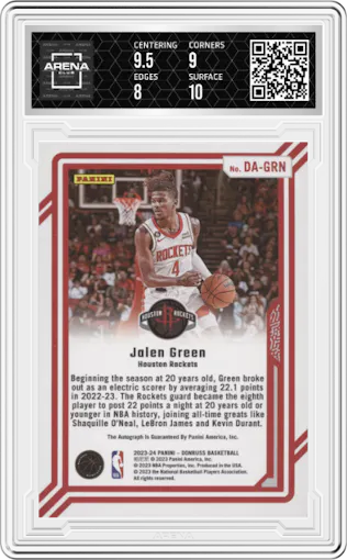 Jalen Green from the 2023-24 Panini Donruss set graded by Arena Club and given an overall grade of 8.5.