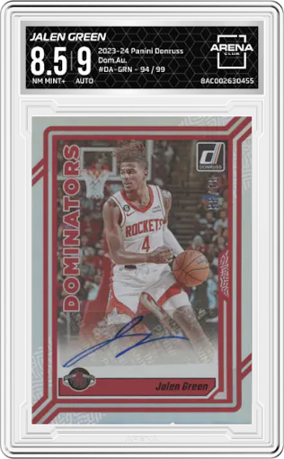 Jalen Green from the 2023-24 Panini Donruss set graded by Arena Club and given an overall grade of 8.5.