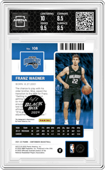 Franz Wagner from the 2021-22 Panini Contenders  set featuring a Black Box 2024 parallel graded by Arena Club and given an overall grade of 9.