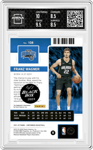 Franz Wagner from the 2021-22 Panini Contenders  set featuring a Black Box 2024 parallel graded by Arena Club and given an overall grade of 9.
