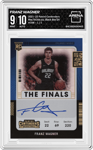 Franz Wagner from the 2021-22 Panini Contenders  set featuring a Black Box 2024 parallel graded by Arena Club and given an overall grade of 9.