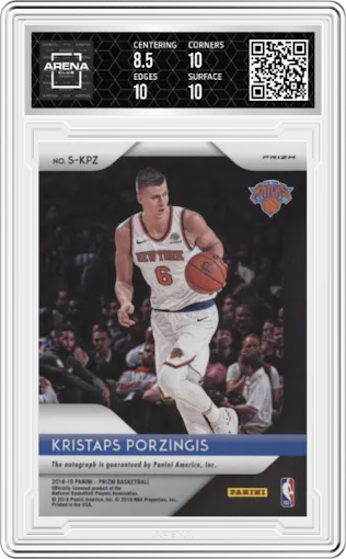 Kristaps Porzingis from the 2018-19 Panini Prizm set featuring a Choice parallel graded by Arena Club and given an overall grade of 9.