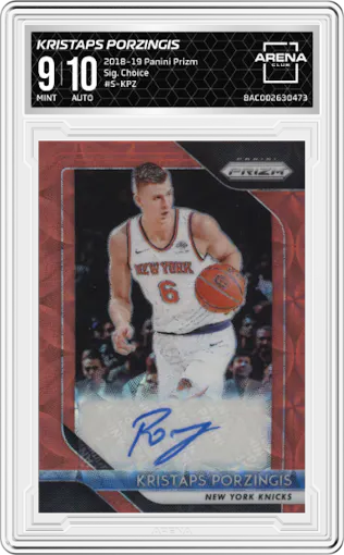 Kristaps Porzingis from the 2018-19 Panini Prizm set featuring a Choice parallel graded by Arena Club and given an overall grade of 9.