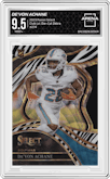 De'Von Achane from the 2023 Panini Select set featuring a Die-Cut Zebra parallel graded by Arena Club and given an overall grade of 9.5.