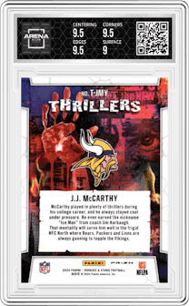 J.J. McCarthy  from the 2024 Panini Rookies & Stars set featuring a Red Plaid parallel graded by Arena Club and given an overall grade of 9.5.