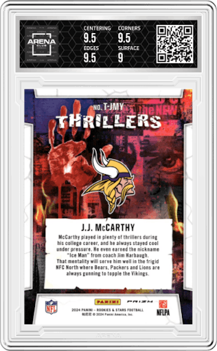 J.J. McCarthy  from the 2024 Panini Rookies & Stars set featuring a Red Plaid parallel graded by Arena Club and given an overall grade of 9.5.