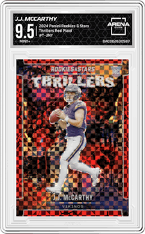 J.J. McCarthy  from the 2024 Panini Rookies & Stars set featuring a Red Plaid parallel graded by Arena Club and given an overall grade of 9.5.