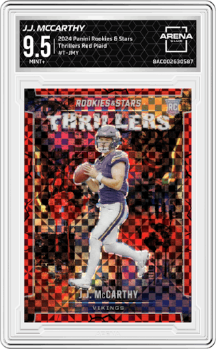 J.J. McCarthy  from the 2024 Panini Rookies & Stars set featuring a Red Plaid parallel graded by Arena Club and given an overall grade of 9.5.