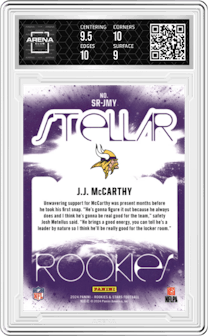 J.J. McCarthy from the 2024 Panini Rookies & Stars set featuring a Red Plaid parallel graded by Arena Club and given an overall grade of 9.5.