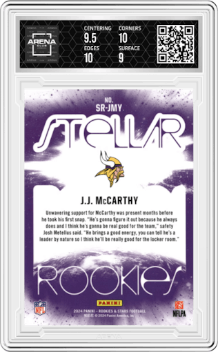 J.J. McCarthy from the 2024 Panini Rookies & Stars set featuring a Red Plaid parallel graded by Arena Club and given an overall grade of 9.5.