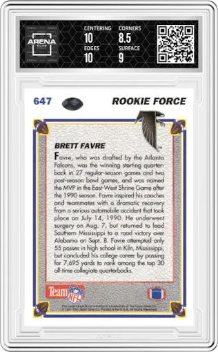 Brett Favre from the 1991 Upper Deck set graded by Arena Club and given an overall grade of 9.