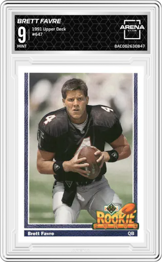 Brett Favre from the 1991 Upper Deck set graded by Arena Club and given an overall grade of 9.