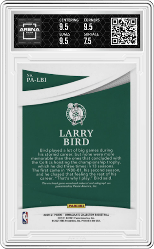 Larry Bird from the 2020-21 Panini Immaculate Collection  set graded by Arena Club and given an overall grade of 8.