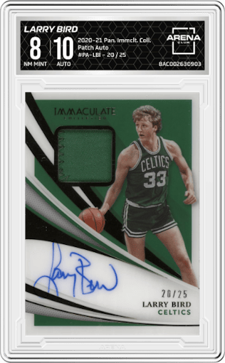 Larry Bird from the 2020-21 Panini Immaculate Collection  set graded by Arena Club and given an overall grade of 8.