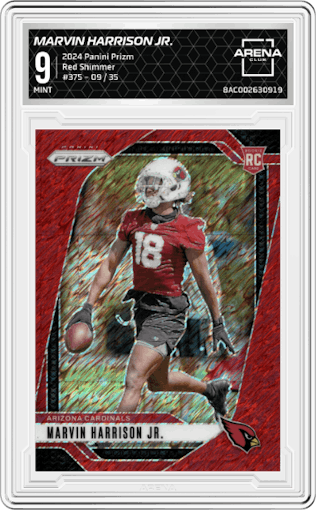 Marvin Harrison Jr. from the 2024 Panini Prizm set featuring a Red Shimmer parallel graded by Arena Club and given an overall grade of 9.