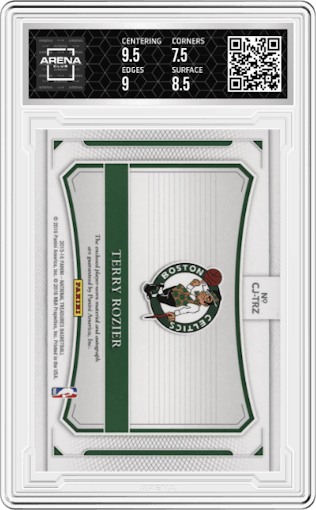 Terry Rozier from the 2015-16 Panini National Treasures  set featuring a Super Prime parallel graded by Arena Club and given an overall grade of 8.