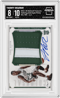 Terry Rozier from the 2015-16 Panini National Treasures  set featuring a Super Prime parallel graded by Arena Club and given an overall grade of 8.