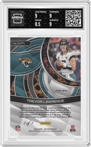 Trevor Lawrence from the 2023 Panini Spectra set featuring a Gold parallel graded by Arena Club and given an overall grade of 9.