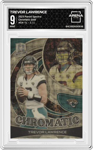 Trevor Lawrence from the 2023 Panini Spectra set featuring a Gold parallel graded by Arena Club and given an overall grade of 9.