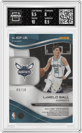 LaMelo Ball from the 2020-21 Panini Spectra set featuring a Gold parallel graded by Arena Club and given an overall grade of 8.5.