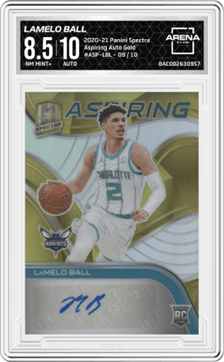 LaMelo Ball from the 2020-21 Panini Spectra set featuring a Gold parallel graded by Arena Club and given an overall grade of 8.5.